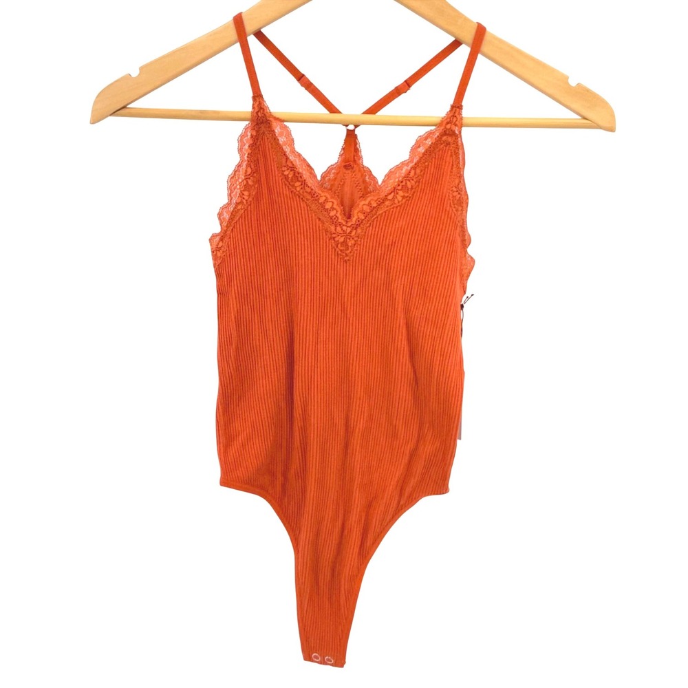 NWT Forever 21 Rust Orange Ribbed Lace Cami Bodysuit M Boho Romantic Y2K Strappy